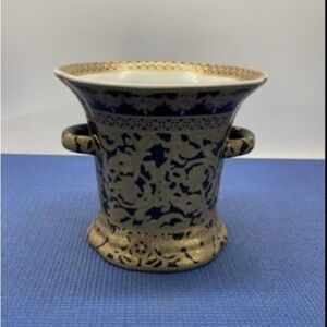Asian Gold & Black Asian Ring Porcelain Vase  Handpainted Handcrafted 7.5Wx7”T